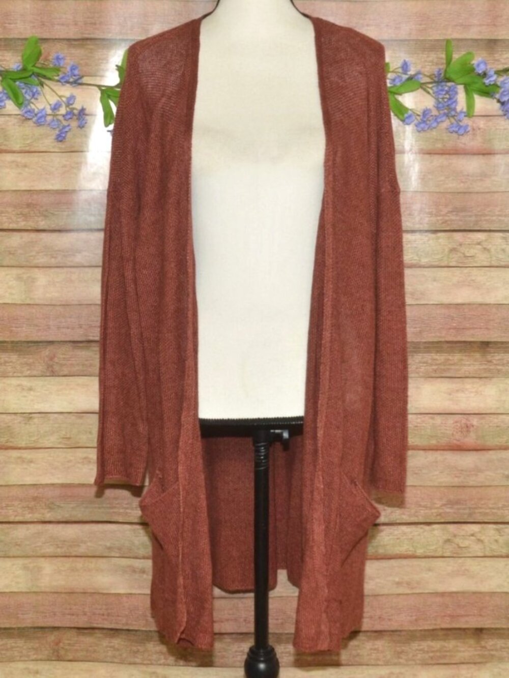 EILEEN FISHER Organic Linen Long Cardigan XL Deep Terra Cotta Pockets Italian
